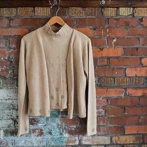 Silk/Angora Camel / Beige Beaded Pointelle Mock Neck Matching Sweater Set